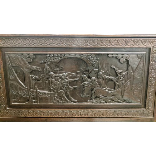 144 - CHINESE BAR, 104cm H x 91cm W 44cm D, with a rising lid and fall front heavily carved all over.