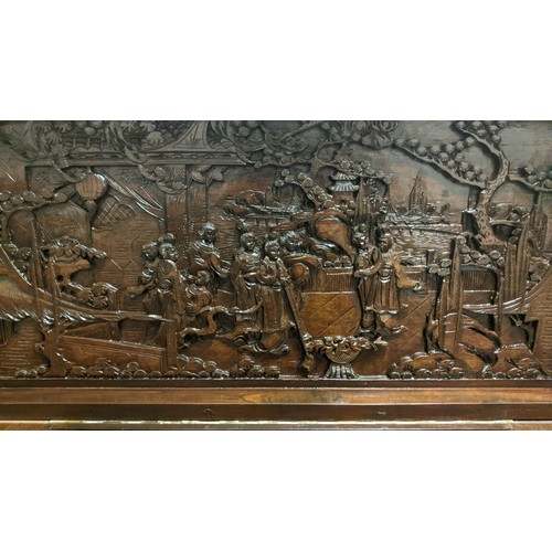 144 - CHINESE BAR, 104cm H x 91cm W 44cm D, with a rising lid and fall front heavily carved all over.