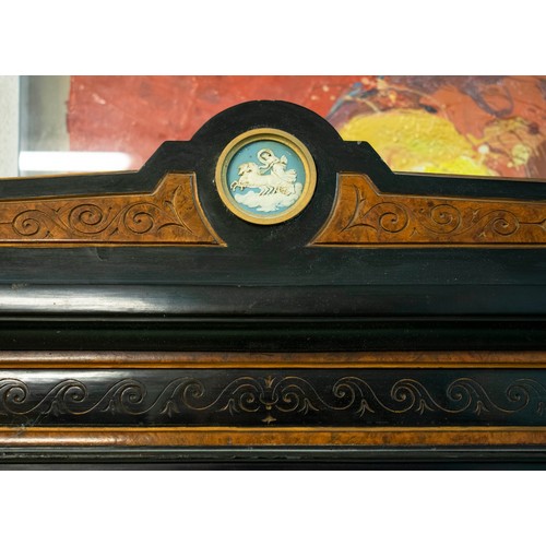 174 - OVERMANTEL, 174cm H x 190cm W, Victorian aesthetic ebonised, amboyna, gilt and Jasperware, circa 187... 