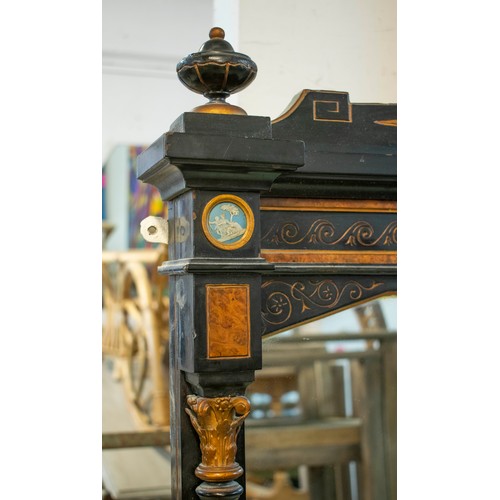 174 - OVERMANTEL, 174cm H x 190cm W, Victorian aesthetic ebonised, amboyna, gilt and Jasperware, circa 187... 