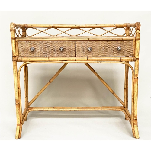 114 - BAMBOO WRITING TABLE, rattan framed, wicker panelled and cane bound with gallery and two frieze draw... 