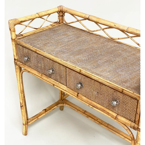 114 - BAMBOO WRITING TABLE, rattan framed, wicker panelled and cane bound with gallery and two frieze draw... 