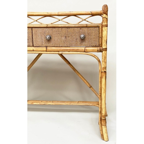 114 - BAMBOO WRITING TABLE, rattan framed, wicker panelled and cane bound with gallery and two frieze draw... 