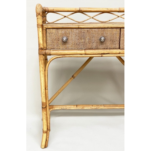 114 - BAMBOO WRITING TABLE, rattan framed, wicker panelled and cane bound with gallery and two frieze draw... 