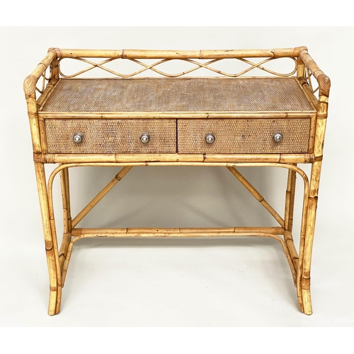 114 - BAMBOO WRITING TABLE, rattan framed, wicker panelled and cane bound with gallery and two frieze draw... 