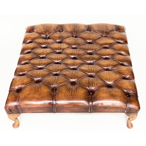 117 - CENTRE STOOL, large rectangular deep buttoned tan brown leather, brass studded and with shaped suppo... 