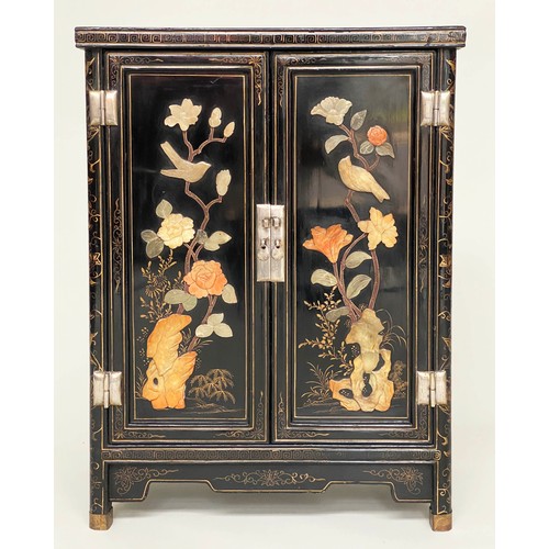 115 - CHINESE SIDE CABINET, black lacquered and gilt and polychrome Chinoiserie decorated with two doors a... 