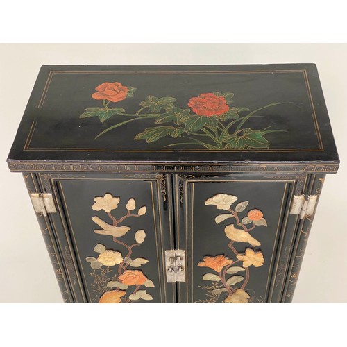 115 - CHINESE SIDE CABINET, black lacquered and gilt and polychrome Chinoiserie decorated with two doors a... 