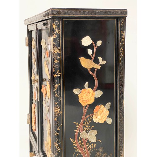 115 - CHINESE SIDE CABINET, black lacquered and gilt and polychrome Chinoiserie decorated with two doors a... 