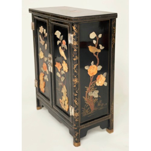 115 - CHINESE SIDE CABINET, black lacquered and gilt and polychrome Chinoiserie decorated with two doors a... 