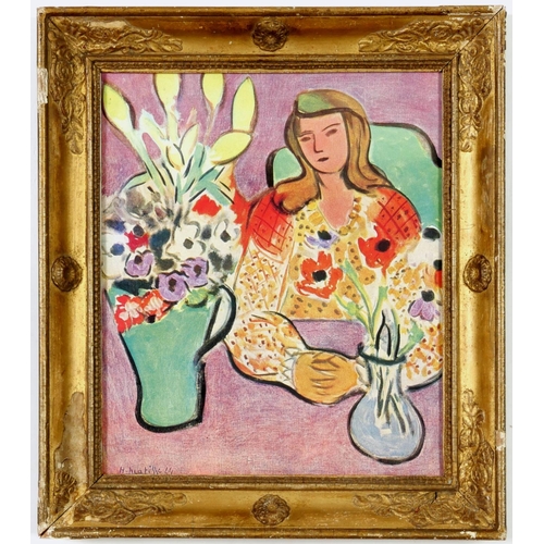 48 - HENRI MATISSE, Femme Avec Fleurs, offset lithograph, signed in the plate, vintage French frame, 26.5... 