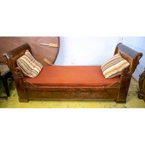 138 - LIT EN BATEAU, Charles X mahogany, circa 1830 with swan neck and scroll carved ends, red upholstery,... 