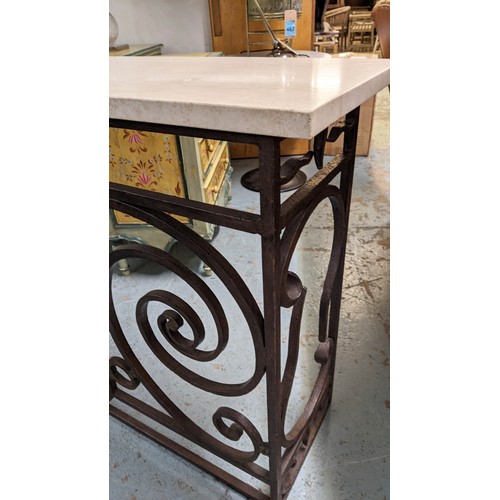 145 - CONSOLE TABLE, 43cm D x 95cm H x 205cm W, travertine top on a wrought iron base.