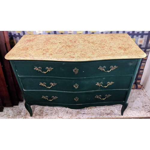 138 - COMMODE, Louis XV style, later painted finish, with three drawers, faux marble painted top, 120cm x ... 