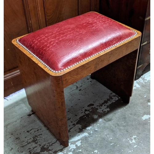 139 - STOOL, Art Deco burr walnut, circa 1925 with mock crocodile red leather seat, 49cm H x 50cm x 37cm.