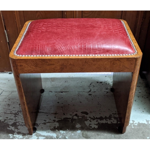 139 - STOOL, Art Deco burr walnut, circa 1925 with mock crocodile red leather seat, 49cm H x 50cm x 37cm.