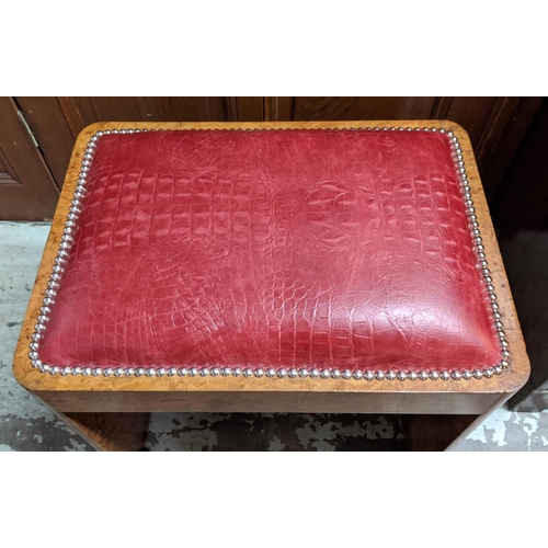 139 - STOOL, Art Deco burr walnut, circa 1925 with mock crocodile red leather seat, 49cm H x 50cm x 37cm.