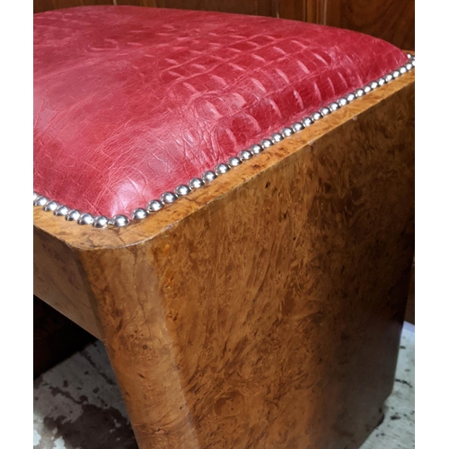 139 - STOOL, Art Deco burr walnut, circa 1925 with mock crocodile red leather seat, 49cm H x 50cm x 37cm.