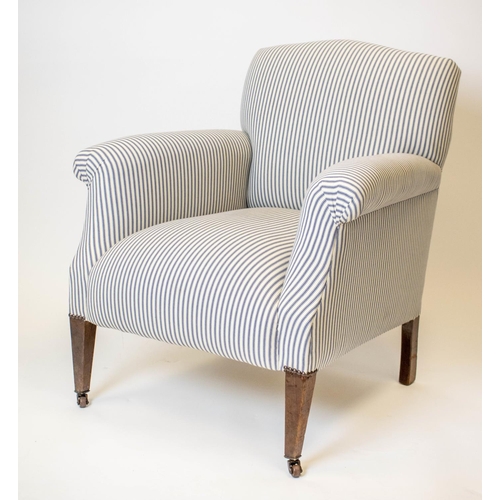 154 - ARMCHAIR, 86cm H x 77cm W, Edwardian in ticking upholstery with ceramic front castors.