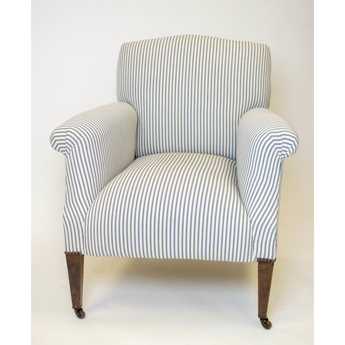 154 - ARMCHAIR, 86cm H x 77cm W, Edwardian in ticking upholstery with ceramic front castors.