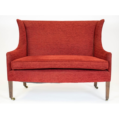 157 - SOFA, 99cm H x 124cm W, 19th century mahogany and beechwood in chenille upholstery on brass castors.