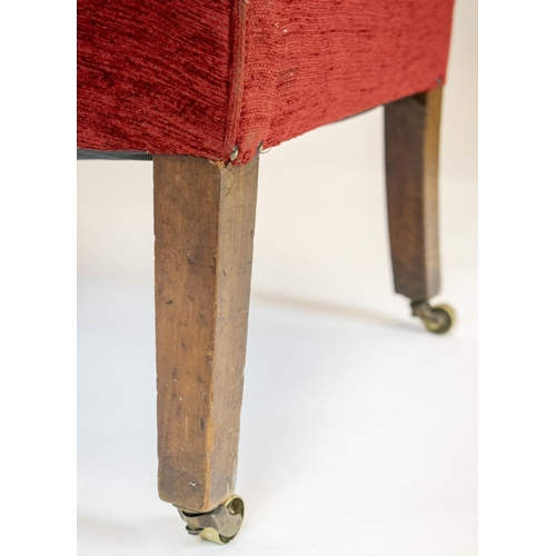 157 - SOFA, 99cm H x 124cm W, 19th century mahogany and beechwood in chenille upholstery on brass castors.