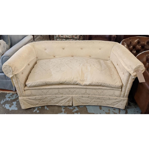 158 - CHESTERFIELD SOFA, 155cm x 77cm x 72cm H, cream damask with a concave front.