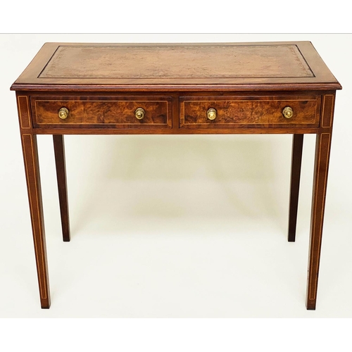 196 - LEATHER WRITING TABLE, George III style figured walnut and line inlaid with tooled leather writing s... 