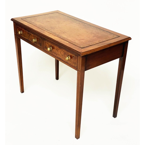 196 - LEATHER WRITING TABLE, George III style figured walnut and line inlaid with tooled leather writing s... 