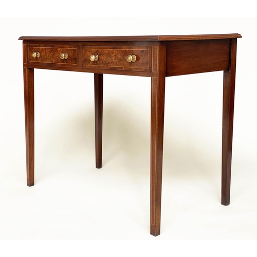 196 - LEATHER WRITING TABLE, George III style figured walnut and line inlaid with tooled leather writing s... 