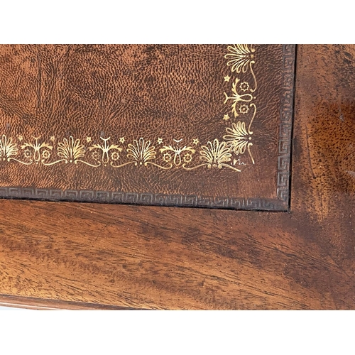 196 - LEATHER WRITING TABLE, George III style figured walnut and line inlaid with tooled leather writing s... 