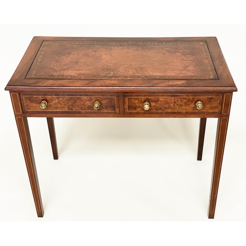 196 - LEATHER WRITING TABLE, George III style figured walnut and line inlaid with tooled leather writing s... 