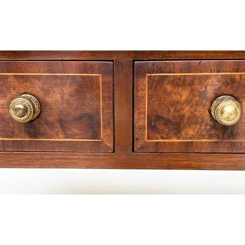 196 - LEATHER WRITING TABLE, George III style figured walnut and line inlaid with tooled leather writing s... 