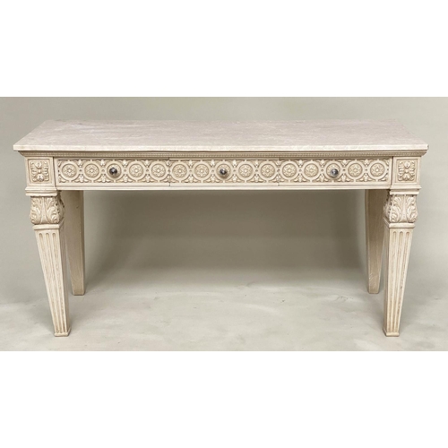 203 - CONSOLE TABLE, Italian grey painted Neo Classical style with fluted tapering supports, 151cm W x 79c... 