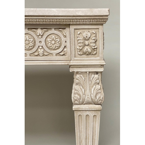 203 - CONSOLE TABLE, Italian grey painted Neo Classical style with fluted tapering supports, 151cm W x 79c... 