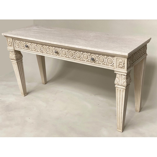 203 - CONSOLE TABLE, Italian grey painted Neo Classical style with fluted tapering supports, 151cm W x 79c... 