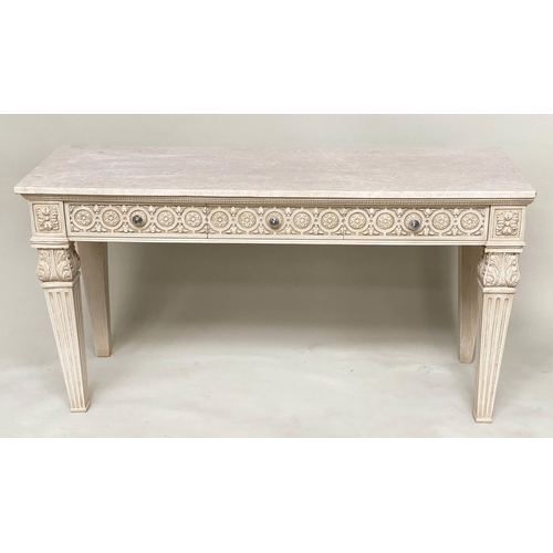 203 - CONSOLE TABLE, Italian grey painted Neo Classical style with fluted tapering supports, 151cm W x 79c... 