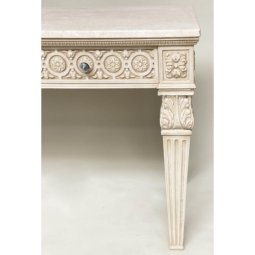 203 - CONSOLE TABLE, Italian grey painted Neo Classical style with fluted tapering supports, 151cm W x 79c... 