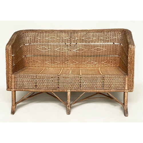 208 - HALL SOFA/BENCH, early 20th century vintage rattan frame and cane woven with pierced decoration and ... 