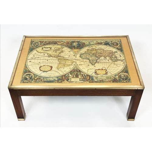 108 - LOW TABLE, mahogany, brass bound and glazed with map lined top, 37cm H x 89cm x 61cm.