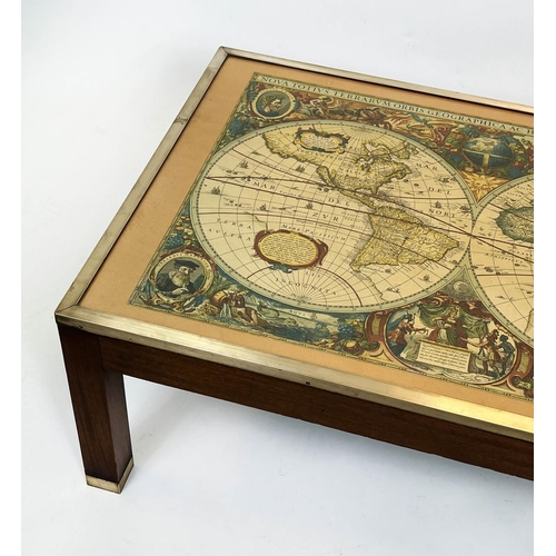 108 - LOW TABLE, mahogany, brass bound and glazed with map lined top, 37cm H x 89cm x 61cm.