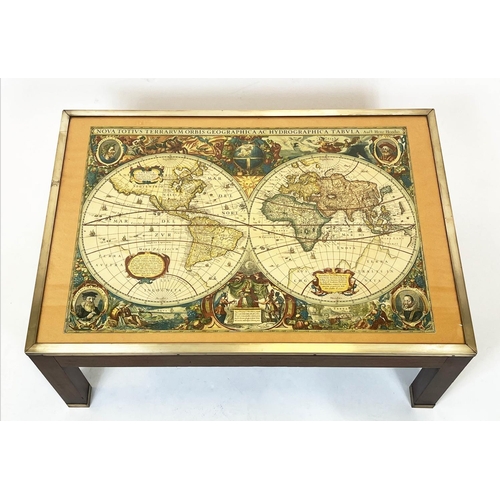 108 - LOW TABLE, mahogany, brass bound and glazed with map lined top, 37cm H x 89cm x 61cm.