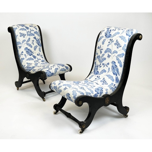 111 - SLIPPER CHAIRS, a near pair, 19th century Aesthetic movement with delft design blue and white linen ... 