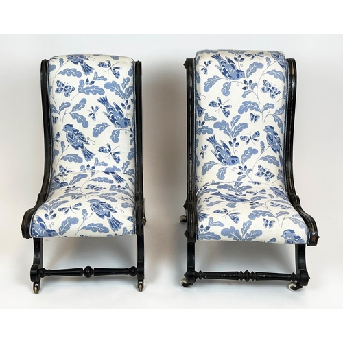 111 - SLIPPER CHAIRS, a near pair, 19th century Aesthetic movement with delft design blue and white linen ... 