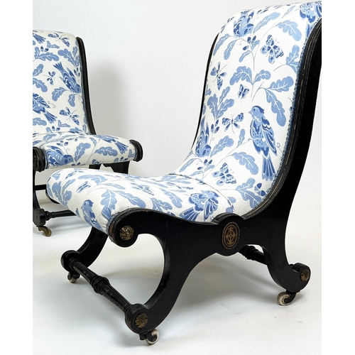 111 - SLIPPER CHAIRS, a near pair, 19th century Aesthetic movement with delft design blue and white linen ... 