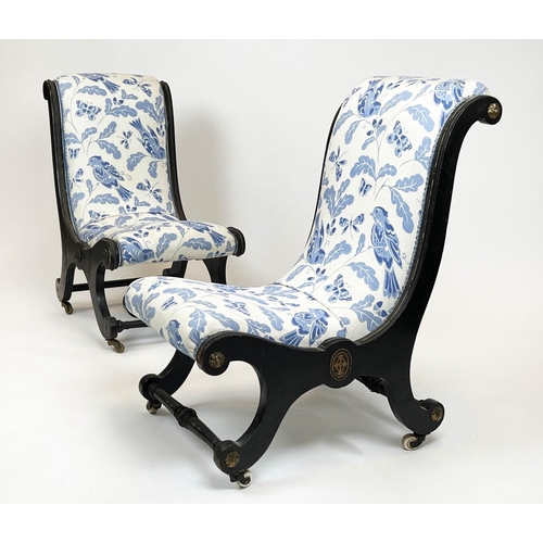 111 - SLIPPER CHAIRS, a near pair, 19th century Aesthetic movement with delft design blue and white linen ... 