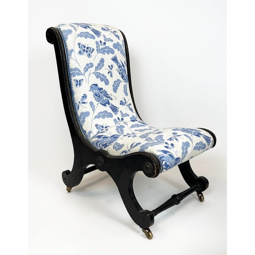 111 - SLIPPER CHAIRS, a near pair, 19th century Aesthetic movement with delft design blue and white linen ... 