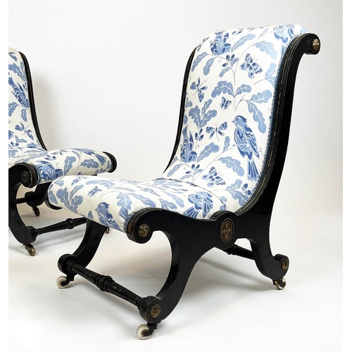 111 - SLIPPER CHAIRS, a near pair, 19th century Aesthetic movement with delft design blue and white linen ... 