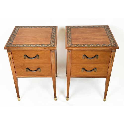 112 - BEDSIDE CHESTS, a pair, Sheraton design painted yewwood, each with two drawers, 69cm H x 45cm x 45cm... 