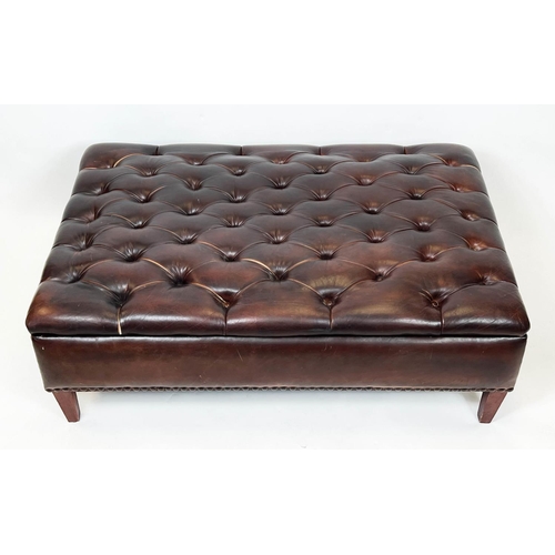 115 - OTTOMAN, buttoned hand dyed tan leather with rising lid, raised on square supports, 40cm H x 120cm x... 